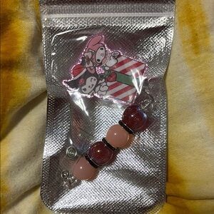 Cute Pink Beaded badge reel with kuromi and my melody